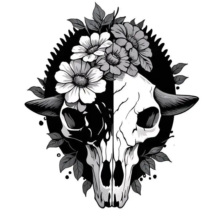 Bull Skull Half Flowers For Joy And Success And Ambition