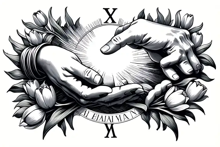 Creation Of Adam Hands With Sun Coming Out And At Bottom Roman Numerals With Tulips Around