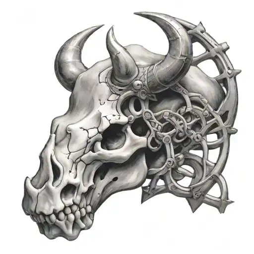 A Realistic Black And Grey Tattoo Of A Rhinoceros Skull Intertwined With A Dna Double Helix