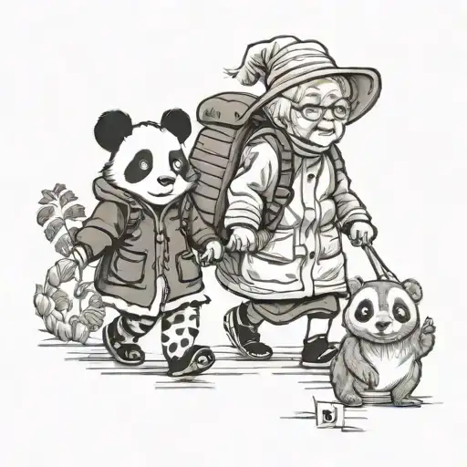 Grandma And Granddaghter Going For A Walk With Squirrels And Pandas