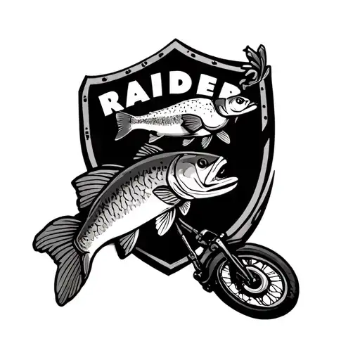 Raider Shield With Oregon Duck And Rainbow Trout And Motorcycle In Black And White On Forearm
