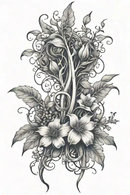Nature Drawn Style Tattoo With Drawn Leaves And Flowers Growing From The Dream Theater Logo