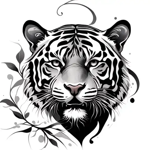 Wispy Delicate Pouncing Tiger Tattoo With Abstract Curves Like Flower Vines