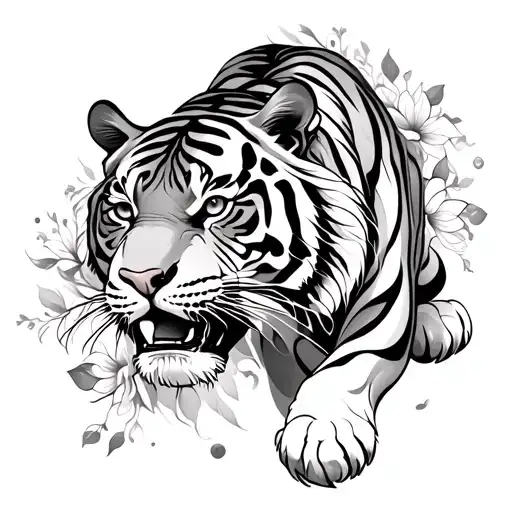 Wispy Delicate Full Body Pouncing Tiger Tattoo With Abstract Curves Like Flower Vines