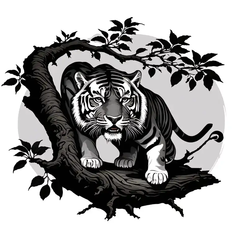 Tiger Climbing Tree Branch