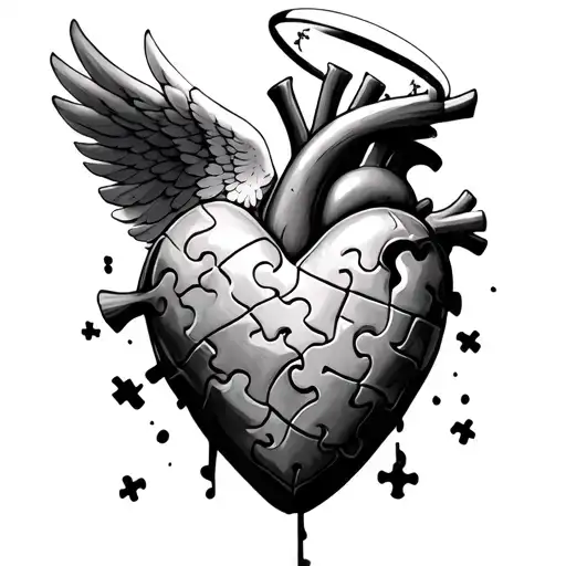 Realistic Heart With Puzzle Piece Falling Out With Angel Wings And Halo