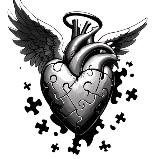 Realistic Heart With Puzzle Piece Falling Out With Angel Wings And Halo