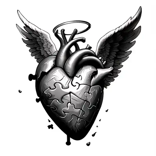 Realistic Heart With Puzzle Piece Falling Out With Angel Wings And Halo