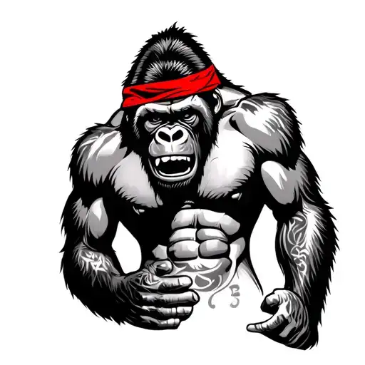 Gorilla Pounding On Chest Red Bandana Around Forehead Grillz In Mouth With