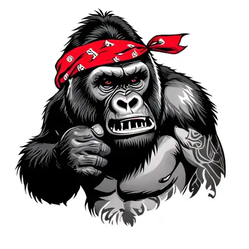 Gorilla Pounding On Chest Red Bandana Around Forehead Grillz In Mouth With