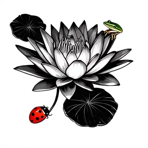 Water Lily With Frog And Ladybug