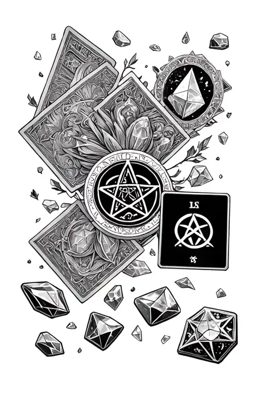 Tarot Cards And Crystals And Pentacle Symbol In The Center