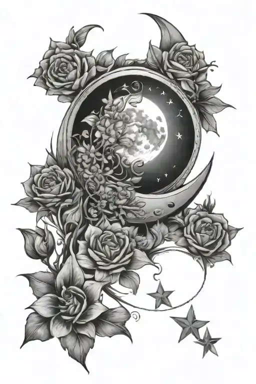 Moon And Star Inside Of A Sun Surrounded By Flowers