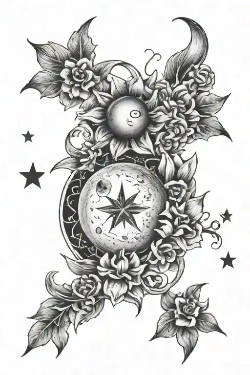 Moon And Star Inside Of A Sun Surrounded By Flowers
