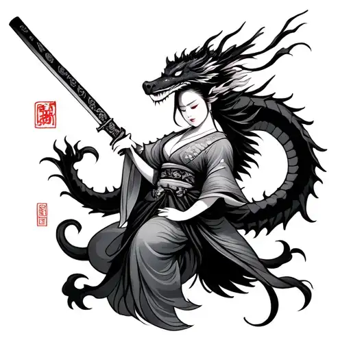 Dragon Geisha Holding A Katana