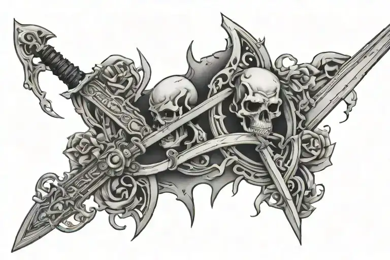 Gemini Sign Tattoo With Underworld Ruin And Sword