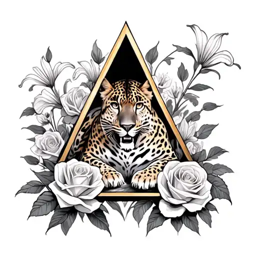 A Sprawled Leopard Inside An Inverted Triangle Surrounded By Roses And Lily