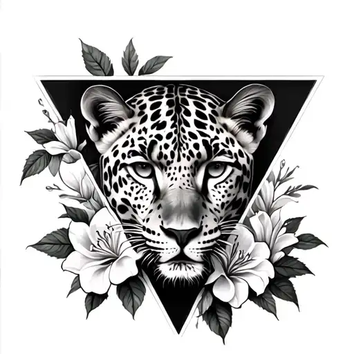 Top Down View Of A Leopard Inside An Inverted Triangle Surrounded By Roses And Lily