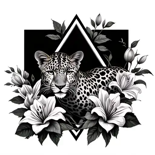 Top Down View Of A Minimalist Leopard Inside An Inverted Triangle Surrounded By Roses And Lily