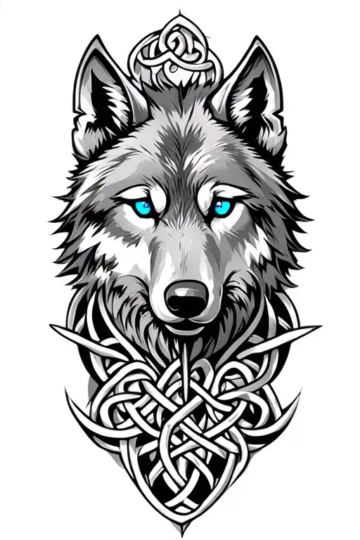 Wolf With Blue Eyes On Armor Tattoo Design Featuring Celtic Dara Knot