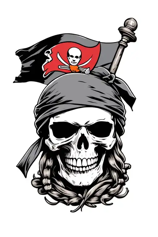 Pirate Skull With Bandana On Its Head With Tampa Bay Buccaneers Flag Behind It