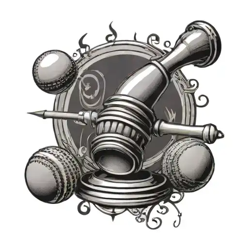 A Lawyer's Gavel Surrounded By Cricket Balls And Musical Symbols