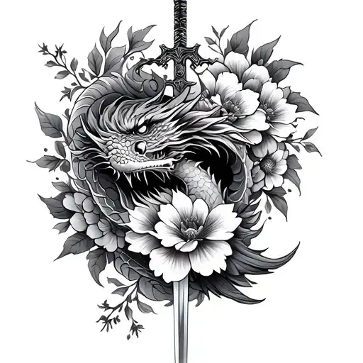 Dragon And Samurai Sword Spine Tattoo With Flowers