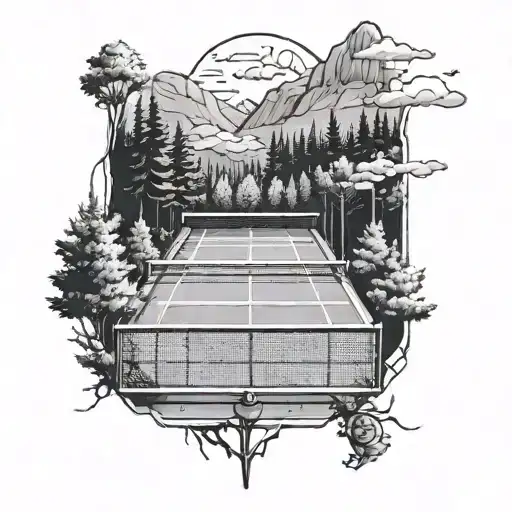 A Tennis Court Surrounded By A Forest Of Mountains