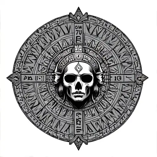 Aztec Death God And In Back Ground Aztec Calendar Wheel