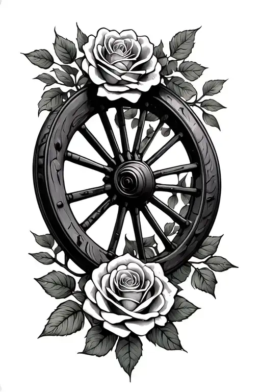 Broken Wagon Wheel With Roses Intertwined