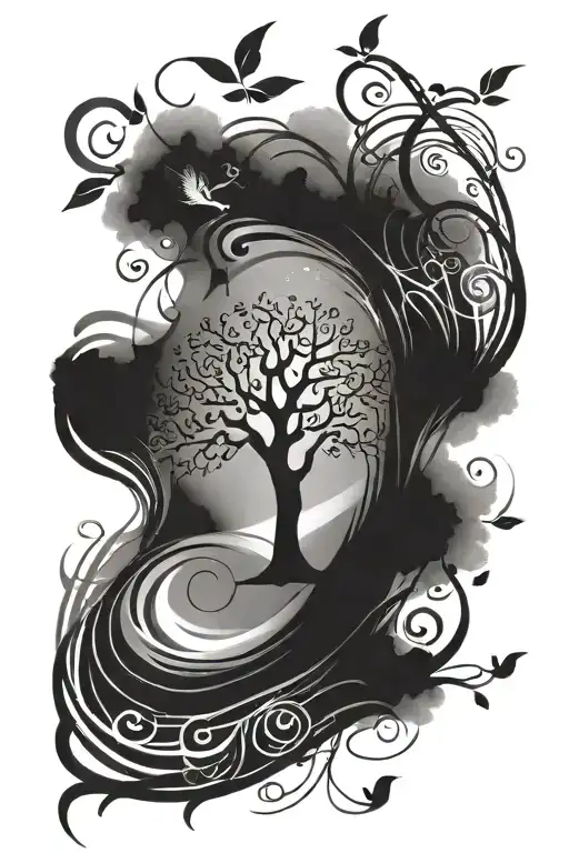 Tree Of Life With Brush Stroke Music Notes Floating
