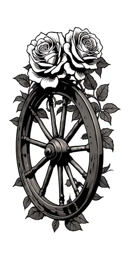 Broken Wagon Wheel With Roses Intertwined Grateful Dead Skeletons