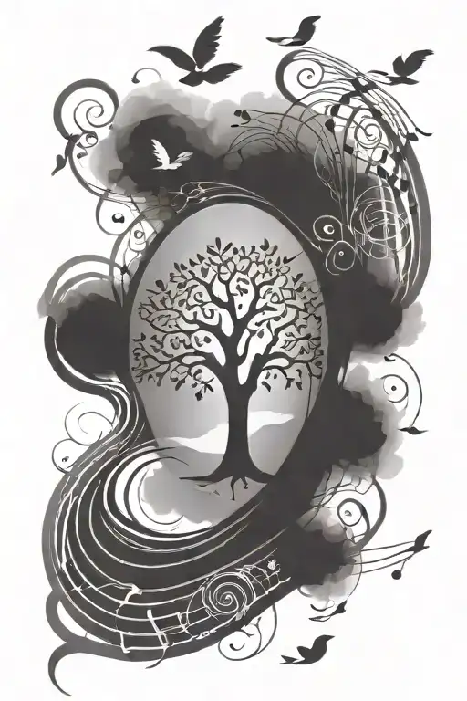 Tree Of Life With Brush Stroke Music Notes Floating