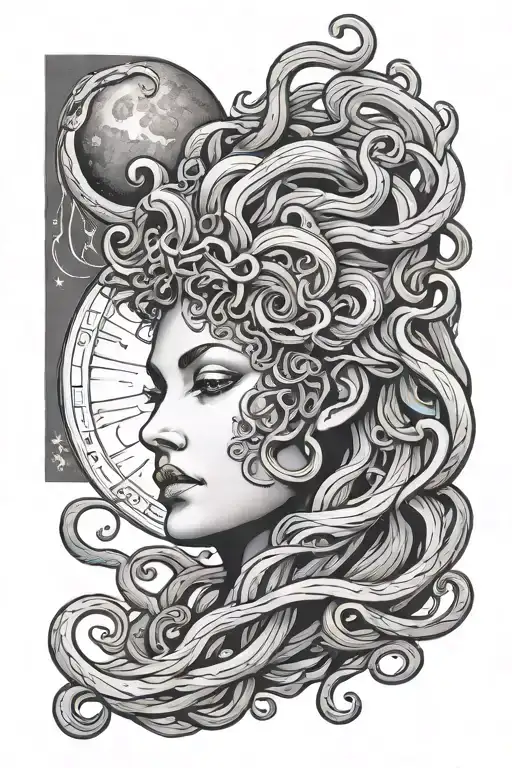 Medusa Face Emerging From The Moon Shining