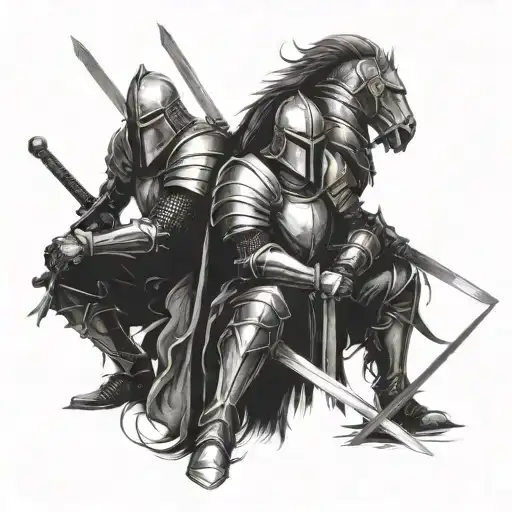 Three Knights Sitting With Swords Drawn In A Dark Fantasy Style