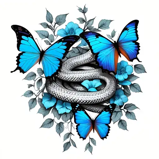 Rose Vines With Blue Butterflies With A Snake Wrapped