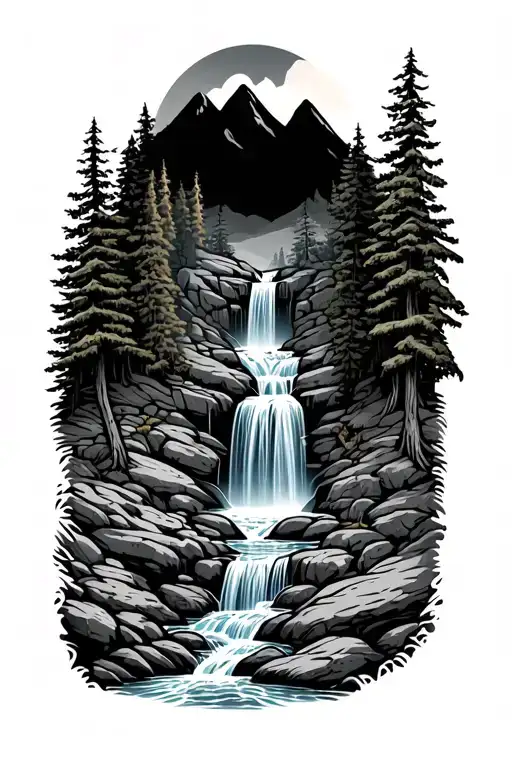 Stream Cascading Waterfall In A Forest Mountain Scene