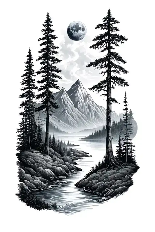 Full Sleeve Nature Tattoo With Mountains Trees And River