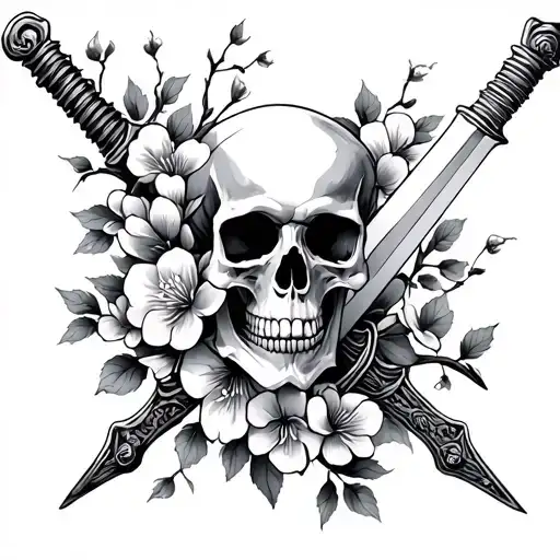 Skulls Swords Dark Cherry Blossoms