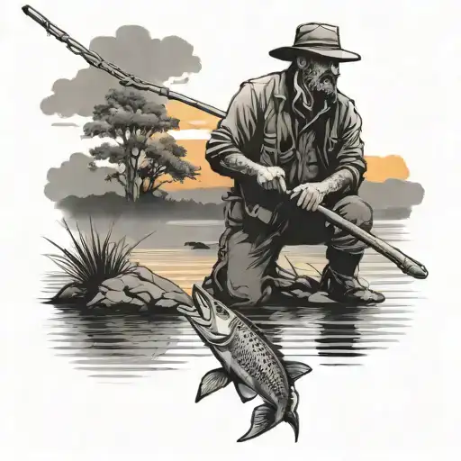 A Black-grey Tattoo Of A Fisherman Casting His Line Into A Peaceful River At Sunset