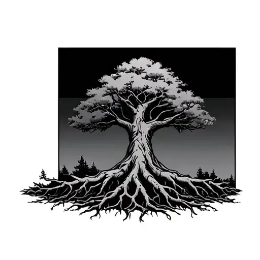 Giant Old Tree With Roots Reaching Deep