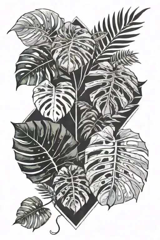 Diamond Shaped Line Around Monstera Leaves And Ferns Sticking Out