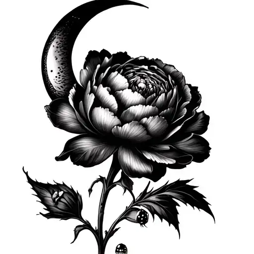Peony Flower With A Waxing Crescent Single Stem With Feminine Aspects And A Small Ladybug