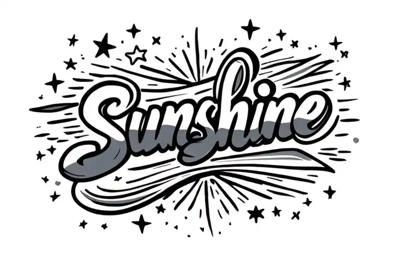 The Word Sunshine In Cursive Surround By Celestial Stars And Swooshes