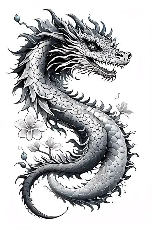 Lao Water Dragon Tattoo With Cherry Blossoms And Water