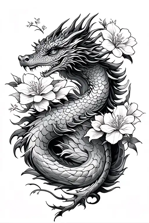 Lao Water Dragon Tattoo With Cherry Blossoms