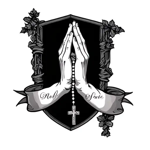 Praying Hands Holding Rosary Beads With Banners