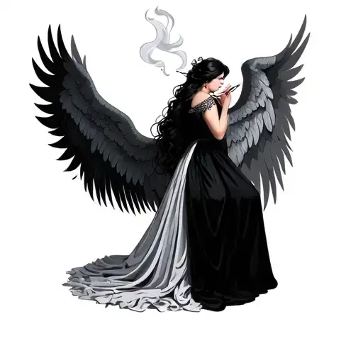 Lady With Angel Wings Smoking Cigarette In Gown