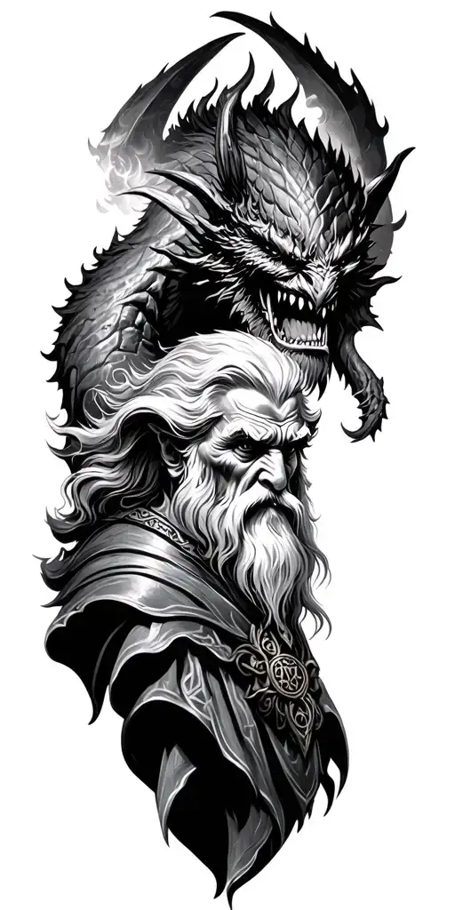 Lord Of The Rings Story In Celtic Style Tattoo Featuring Balrog And Gandalf