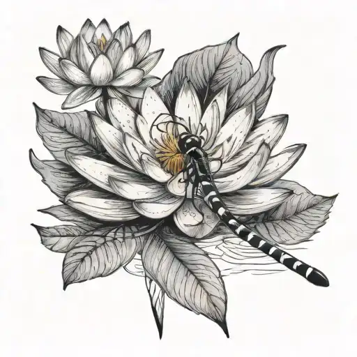 Water Lily And Dragonfly Flying
